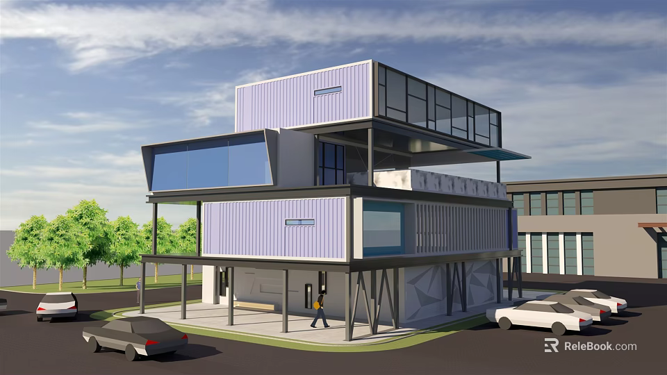 Modern Container Building With Violet Blue Design Large Glass Windows Green Trees And Parked Cars 3d model 