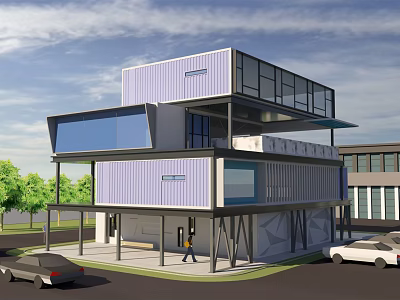 Modern Container Building With Violet Blue Design Large Glass Windows Green Trees And Parked Cars 3d model