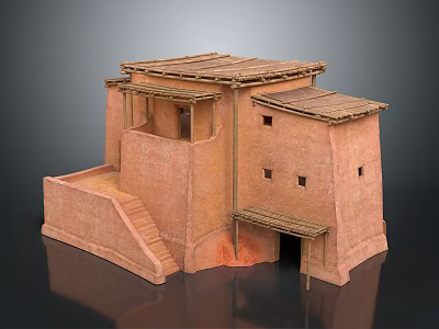 Traditional Clay Building Model With Multiple Roofs Stairs Windows And Wooden Door 3d model