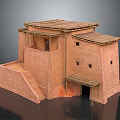 Traditional Clay Building Model With Multiple Roofs Stairs Windows And Wooden Door