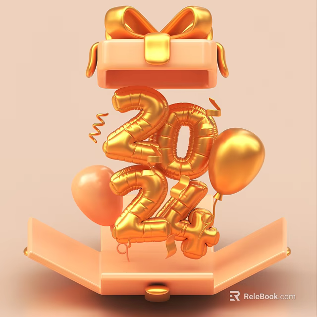 Golden Inflatable 2024 Numbers Emerging From Pink Gift Box With Balloons 3d model 