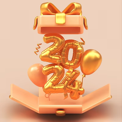 Golden Inflatable 2024 Numbers Emerging From Pink Gift Box With Balloons 3d model