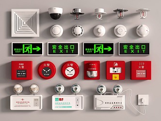 Fire emergency lighting safety exit fire sprinkler smoke detector fire alarm fire extinguisher 3d model