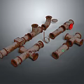 Rusty Metal Pipes with Fittings Elbows Tees and Valves on Gray Background