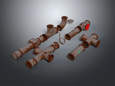 Rusty Metal Pipes with Fittings Elbows Tees and Valves on Gray Background 3d model