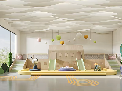 Indoor Children's Play Area With Wavy Ceiling Colorful Spherical Decorations Slides And Yellow Floor Patterns 3d model