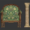 Classic Green Floral Pattern Armchair With Carved Wooden Armrests And Golden Legs Beside Marble Column