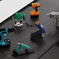 Various Electric Power Tools Displayed on Wooden Table Including Drill Sander Glue Gun