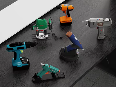 Various Electric Power Tools Displayed on Wooden Table Including Drill Sander Glue Gun 3d model