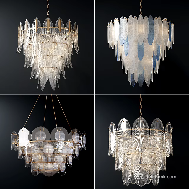 Elegant Glass Chandeliers With Feather And Shell Like Design And Golden Frame 3d model 