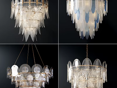 Elegant Glass Chandeliers With Feather And Shell Like Design And Golden Frame 3d model