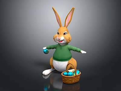 Cute Cartoon Rabbit In Green Sweater Holding Blue Egg With Basket Of Blue Eggs 3d model
