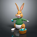Cute Cartoon Rabbit In Green Sweater Holding Blue Egg With Basket Of Blue Eggs