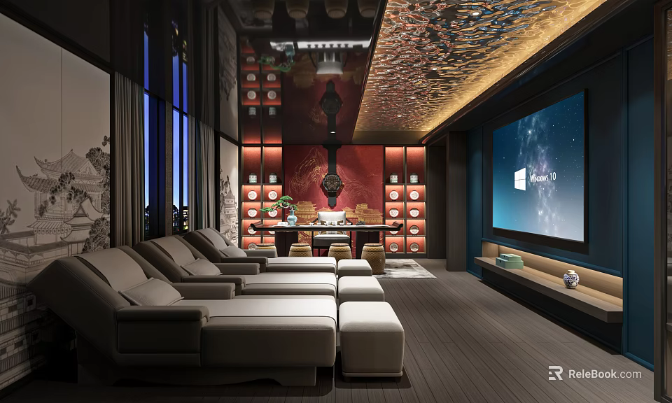 Luxurious SPA Sauna Interior With Reclining Chairs Large Windows Decorative Walls And Large Screen TV 3d model 