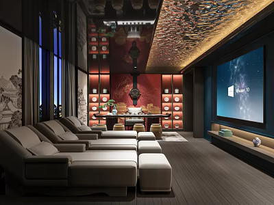 Luxurious SPA Sauna Interior With Reclining Chairs Large Windows Decorative Walls And Large Screen TV 3d model