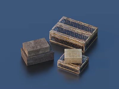 Elegant Decorative Boxes in Various Sizes with Gold Accents Black Base and Polka Dot Patterns 3d model