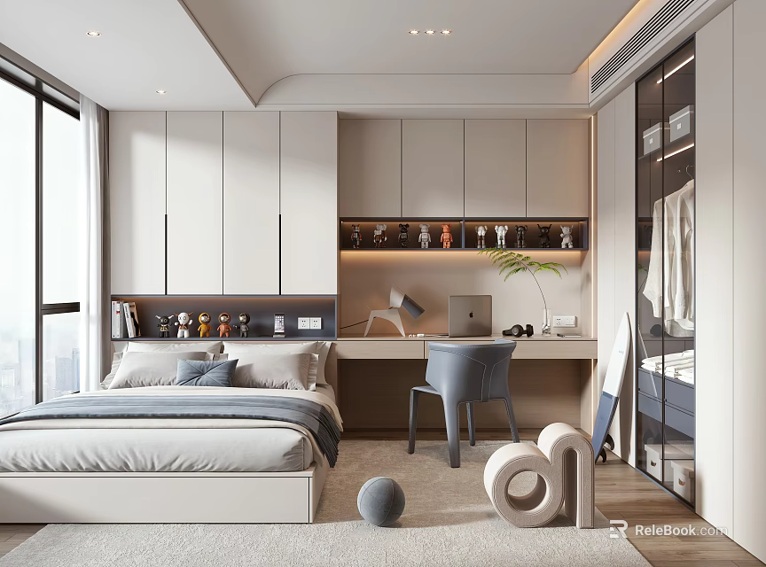 Modern Tatami Bedroom With Platform Bed White Storage Cabinets And Study Desk Chair 3d model 