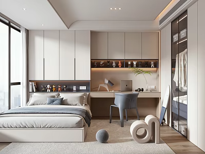 Modern Tatami Bedroom With Platform Bed White Storage Cabinets And Study Desk Chair 3d model