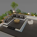 Outdoor Landscape Seating Area With Wooden Deck Greenery Round Table White Low Walls And Cushions