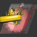 Pikachu Doll Sitting On Yellow Game Console With Red Splash Background Leaves And Berries