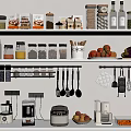 Neatly Arranged Kitchen Shelves Displaying Kitchenware Jars Spices Fruits Vegetables And Appliances