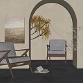 Modern Lounge Chairs with Wooden Frame and Gray Cushion in Archway Interior with Wall Art