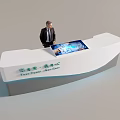Tourist Service Center Modern Reception Desk With Curved White Design Digital Screen And Male Staff