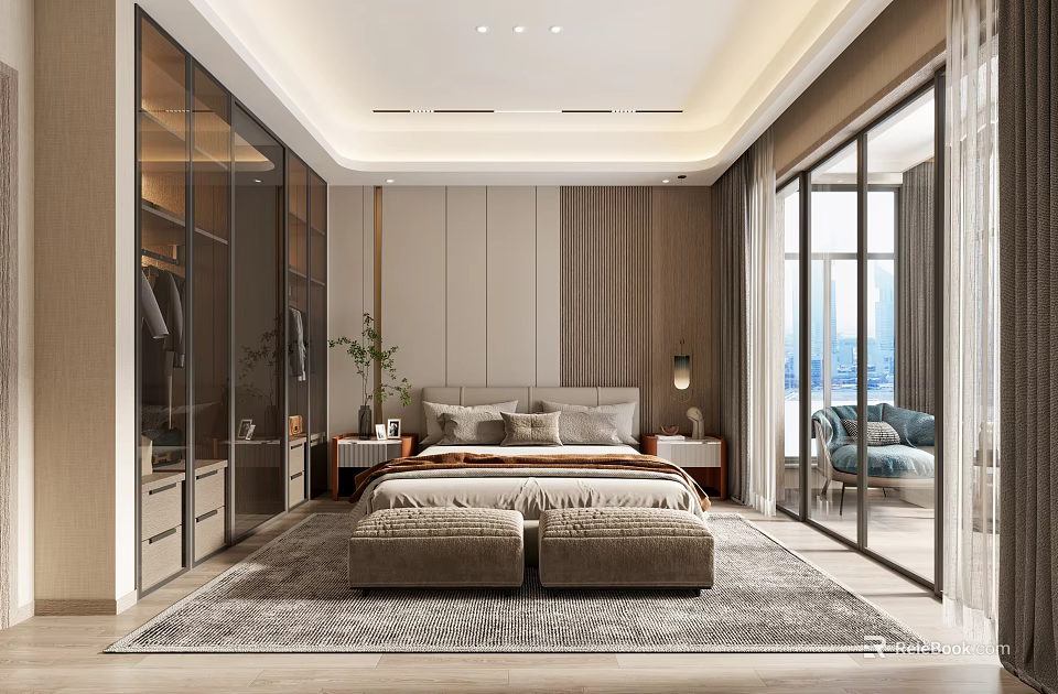 Modern Bedroom Interior Design With Large Bed Nightstands Rug And Floor to Ceiling Windows 3d model 
