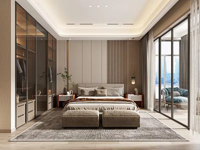 Modern Bedroom Interior Design With Large Bed Nightstands Rug And Floor to Ceiling Windows 3d model