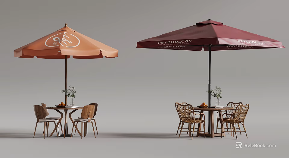 Outdoor Sunshade Umbrella In Orange And Red With Wooden Table And Wicker Chairs For Café 3d model 
