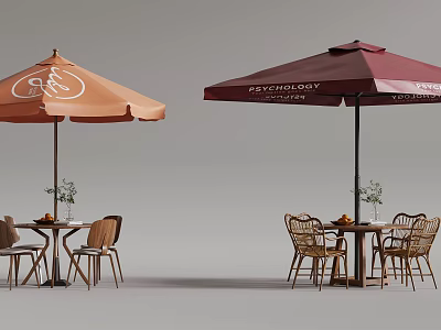 Outdoor Sunshade Umbrella In Orange And Red With Wooden Table And Wicker Chairs For Café 3d model