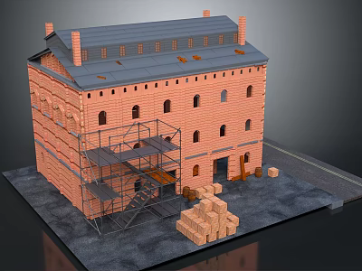 Cartoon Scene of Red Brick Building With Scaffolding Sloped Roof Arched Windows and Brick Piles 3d model