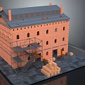 Cartoon Scene of Red Brick Building With Scaffolding Sloped Roof Arched Windows and Brick Piles