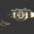 Blonde Haired Character In Green Scarf With Large Mechanical Creature Shield Featuring Blue Gem