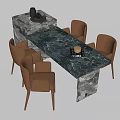Modern Dining Table Set With Marble Tabletop And Brown Chairs And Decorative Items 3d model