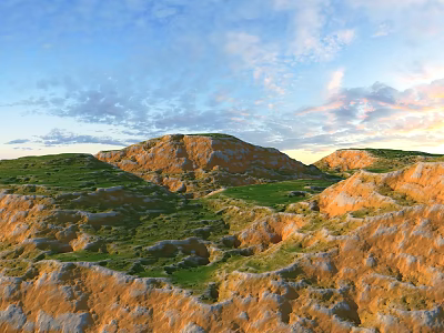 Garden Landscape Featuring Rolling Hills Green Grass And Rocky Terrain Under Blue Sky 3d model