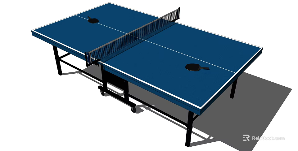 Blue Ping Pong Table Sports Equipment With Net Two Paddles And Wheels 3d model 