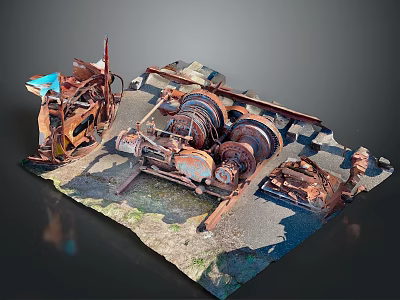 Rusted Old Machinery Parts Scattered On Ground With Various Metal Components 3d model