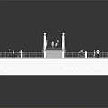 Pedestrian Bridge With Water Area Small Boat Pedestrians Columns Railing And Steps