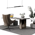 Contemporary Home Desk Setup With Brown Chair Laptop Vase Hanging Light And Green Plant