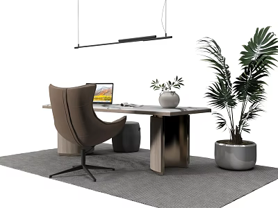 Contemporary Home Desk Setup With Brown Chair Laptop Vase Hanging Light And Green Plant 3d model