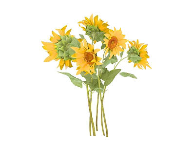 Beautiful Sunflower Bouquet With Yellow Petals Green Leaves And Stems 3d model