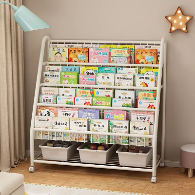 White Kids Bookcase With Multiple Shelves Colorful Books And Storage Bins 3d model
