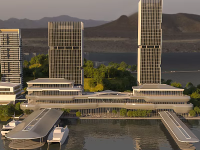 Aerial View Planning of Modern Waterfront Tall Buildings With Marinas Moored Boats Surrounding Mountains Greenery 3d model