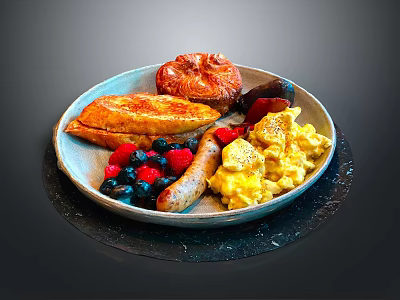 Delicious Breakfast Plate With Scrambled Eggs Sausage French Toast And Mixed Berries 3d model