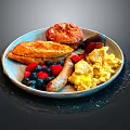 Delicious Breakfast Plate With Scrambled Eggs Sausage French Toast And Mixed Berries