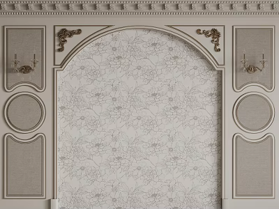 Bed Background Wall With Floral Patterned Wallpaper Ornate Molding And Decorative Wall Sconces 3d model