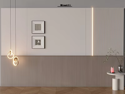 Modern Background Wall With Decorative Paintings Pendant Lights Side Table And Herringbone Floor 3d model