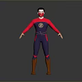 Man In Red And Blue Superhero Costume With Mask Brown Boots And Chest Logo