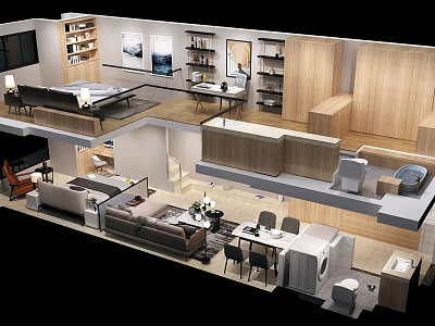Modern Apartment Interior With Living Room Bedroom Study Open Kitchen Sofa Dining Table And Bookshelves 3d model